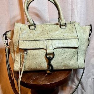Large Rebecca Minkoff soft green ostrich print leather tote.